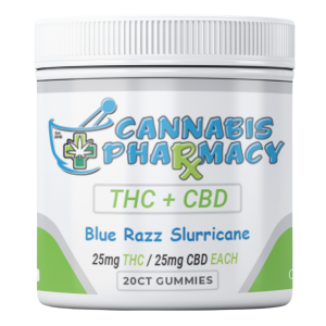 Cannabis Pharmacy 1:1 Delta-9 THC Gummies | 25mg THC & 25mg  CBD - Blue Razz Slurricane - 20ct